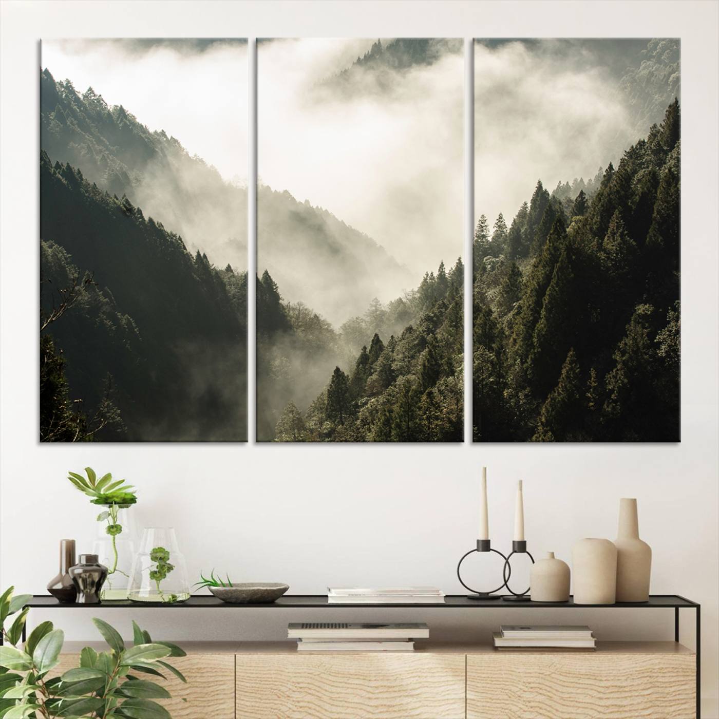 Canvas showing a misty pine forest valley with layered green hills and soft fog, perfect for moody or nature-themed decor styles.