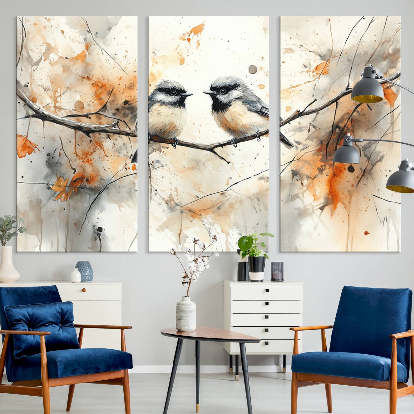 98244-MGV-CV-48X32-3P-Beautiful Birds Wall Art – Framed Watercolor Branch Canvas Artwork, Elegant Nature Design, Vibrant Decor for Home, Office