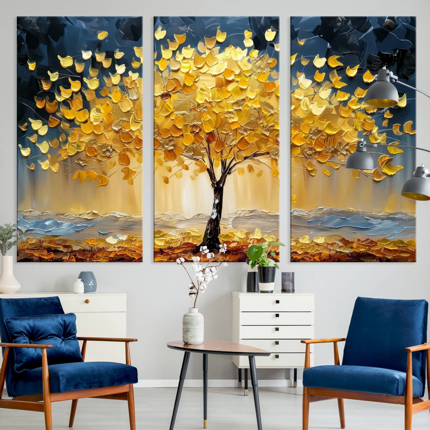 A stunning impasto painting captures the golden hues of autumn with a vibrant tree glowing against a dramatic blue and brown backdrop.