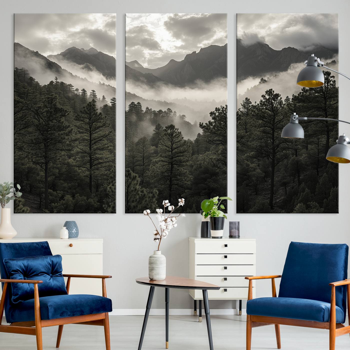 Canvas of moody pine forest and foggy mountain peaks under overcast skies, ideal for calm and rustic woodland-themed home decor.