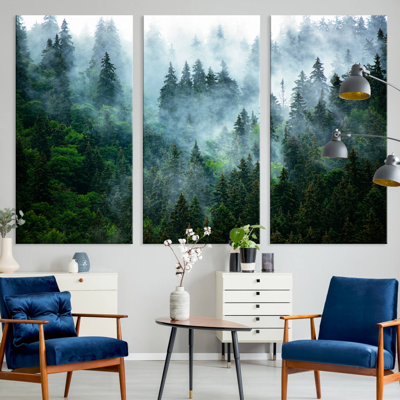 17393683-MGV-CV-48X32-3P-Misty Forest Wall Art Canvas Print – Framed Foggy Mountain Landscape Artwork, Serene Scenic Decor for Home, Office