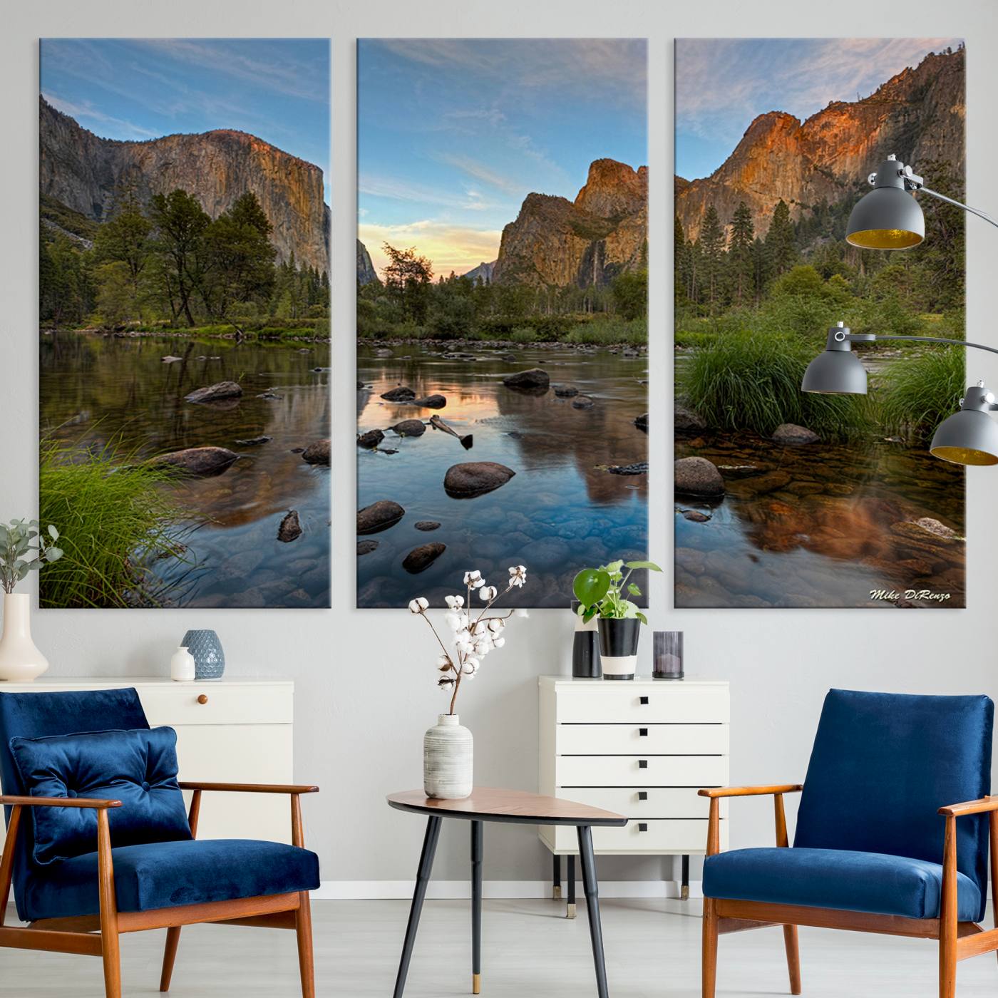 Canvas of Yosemite Valley with El Capitan and sunset reflections in a calm river, perfect for rustic or nature-themed décor.