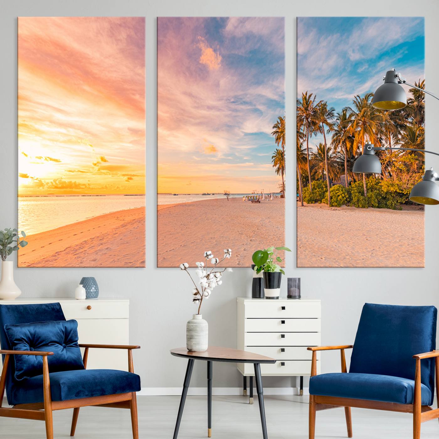 Tropical beach canvas with palm trees and soft sunset tones, ideal for coastal or beach-style home décor in warm pastel hues.
