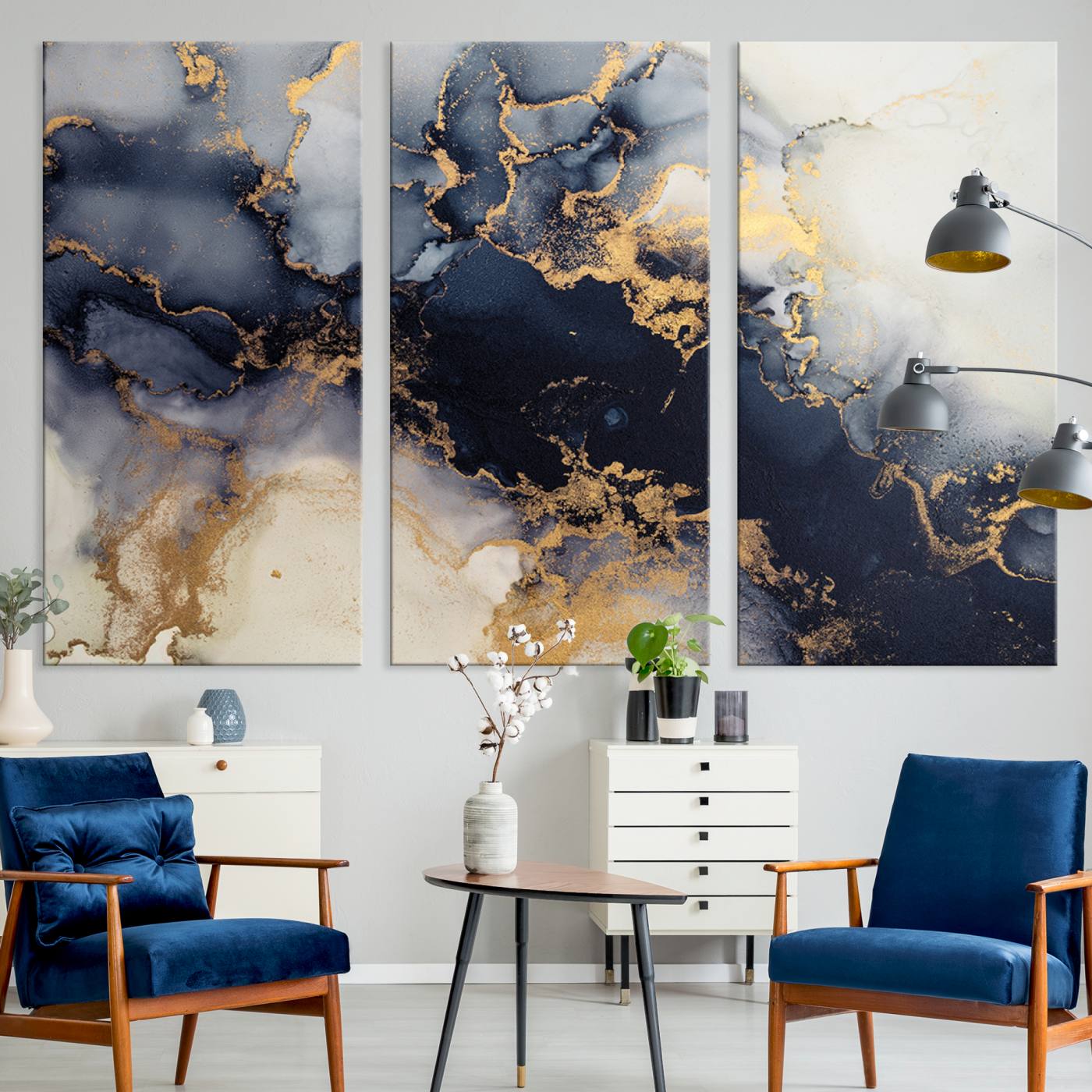 41136487-MGV-CV-48X32-3P-Black Marble Wall Art Canvas Print – Framed Abstract Gold Veins Elegant Luxury Design Decor for Home, Office