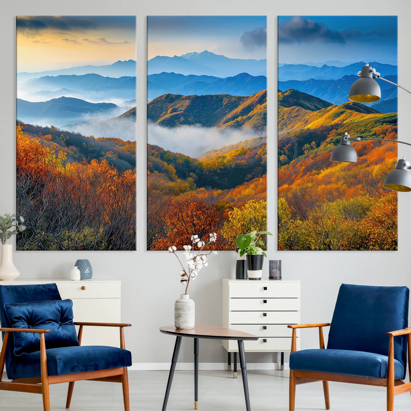 -Autumn Mountains Wall Art Canvas Print, Autumn Mountain Foggy Landscape Wall Art Canvas Print,