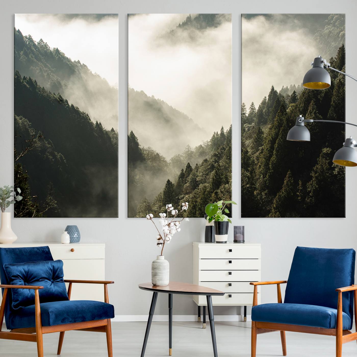 Canvas showing a misty pine forest valley with layered green hills and soft fog, perfect for moody or nature-themed decor styles.
