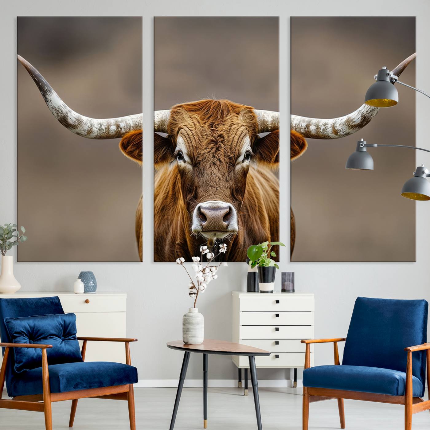 -Texas Longhorn Wall Art Canvas Print, Framed Brown Bull Art Picture Print, Lone Cattle Perfect