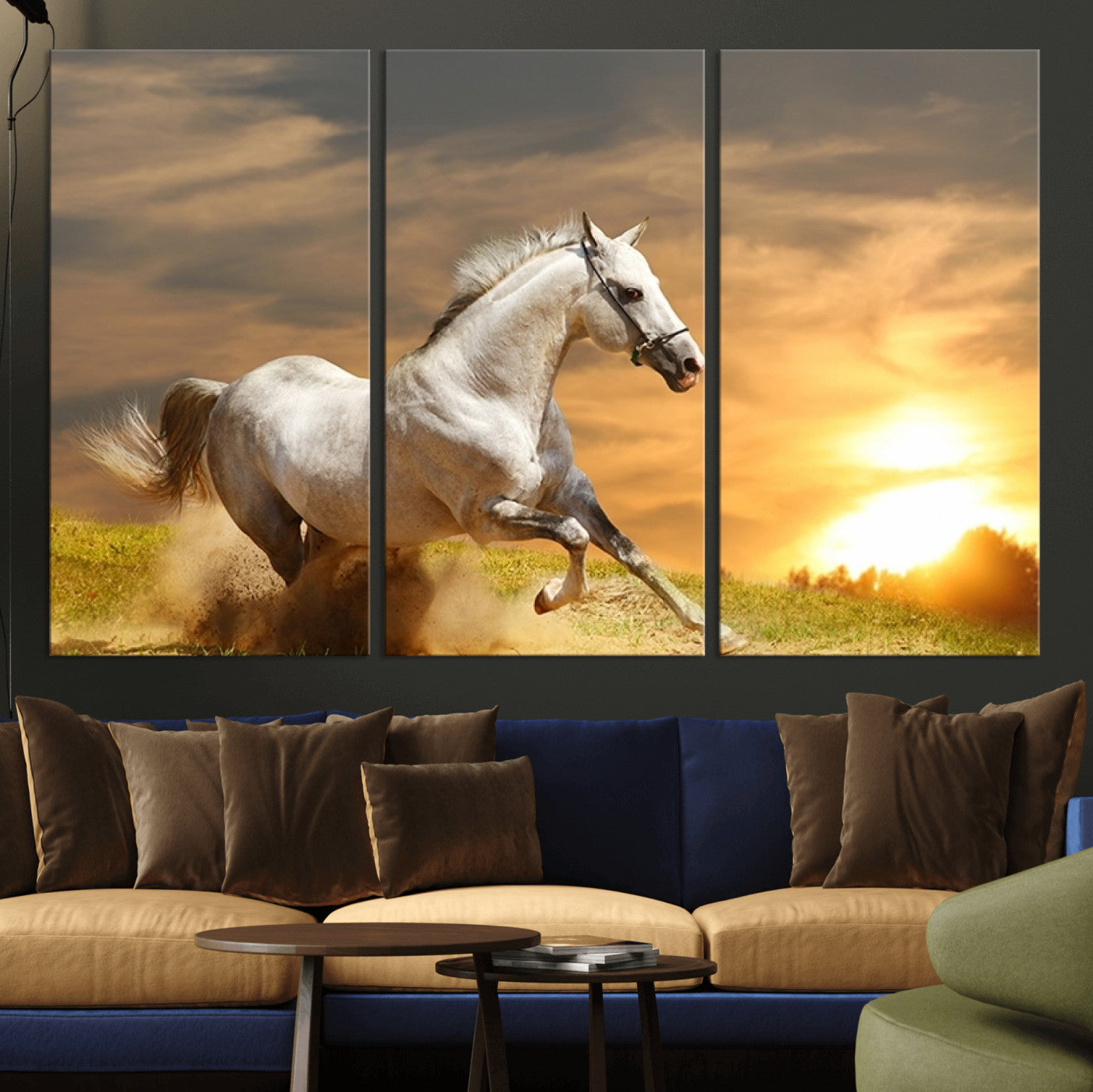 -Large Wall Art Galloping White Horse at Sunset Canvas Print