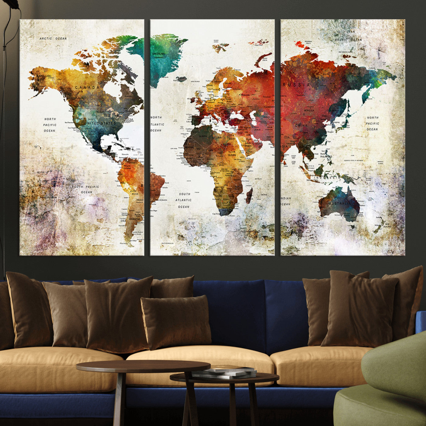 92207-MGV-CV-36X24-Watercolor World Map Canvas Print – Framed Push Pin Wall Art for Couples, Artistic Travel Map for Modern Home and Office Decor