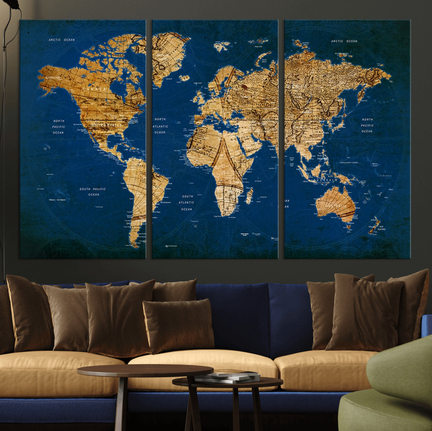 50845-MGV-CV-48X32-3P-Navy Blue and Gold World Map Canvas Print – Framed Luxury Push Pin Wall Art, Elegant Vintage Travel Map Decor for Home or Office