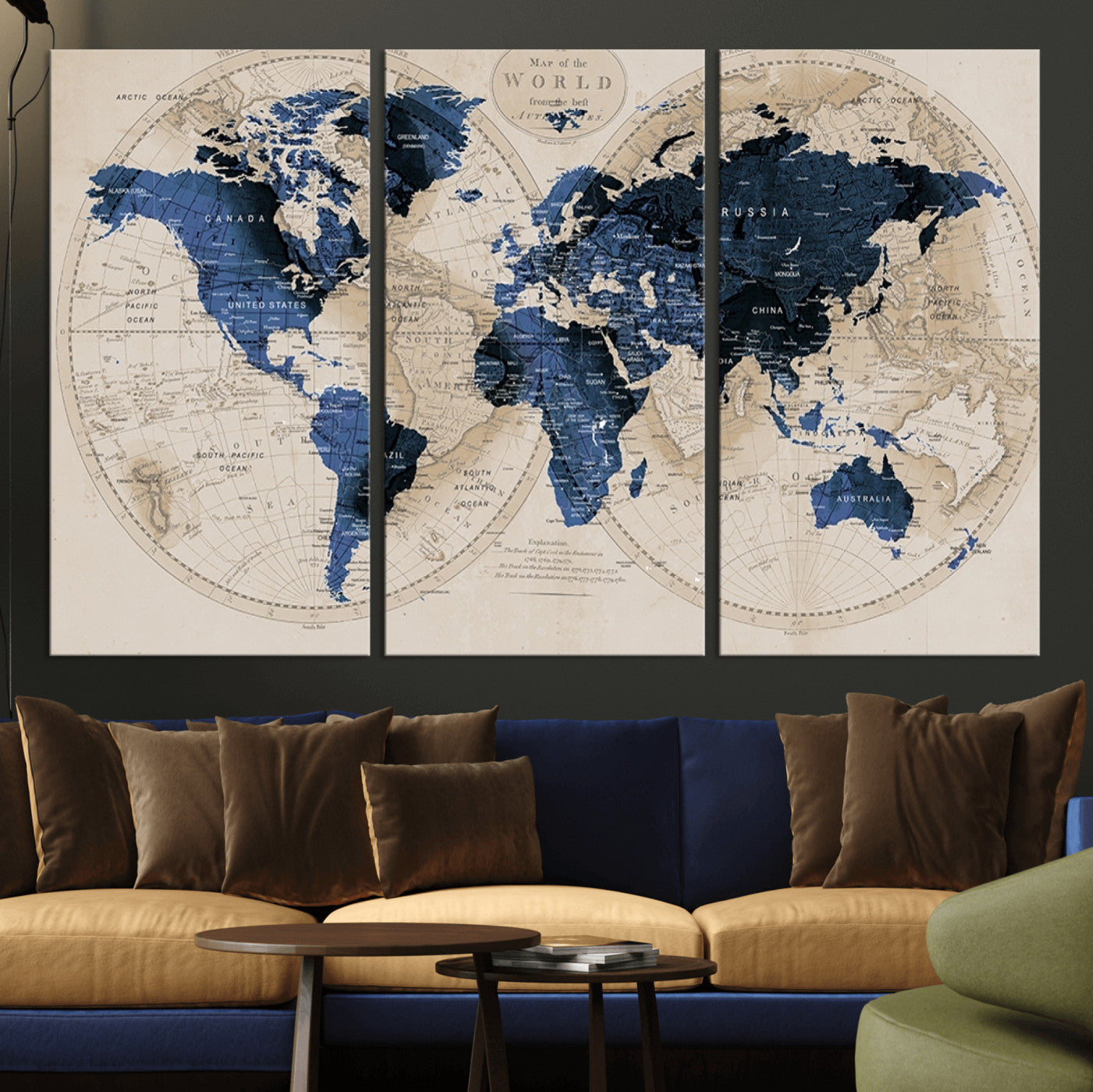 67444-MGV-CV-36X24-Vintage Blue World Map Canvas Wall Art – Antique Style Framed Map Print, Elegant Travel Decor for Home Office or Study