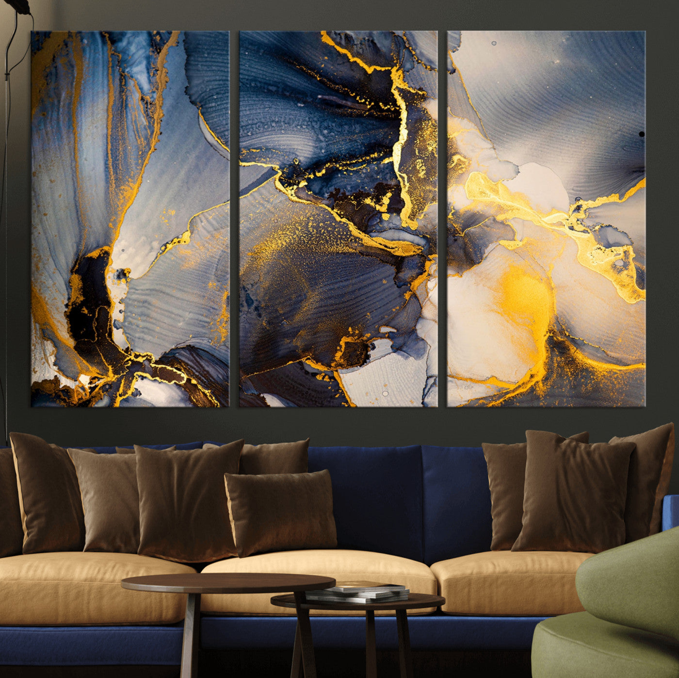 42100-MGV-CV-36X24-Large Abstract Wall Art Print - Gold and Blue Abstract Canvas Wall Art | Fluid Ink Modern Luxury