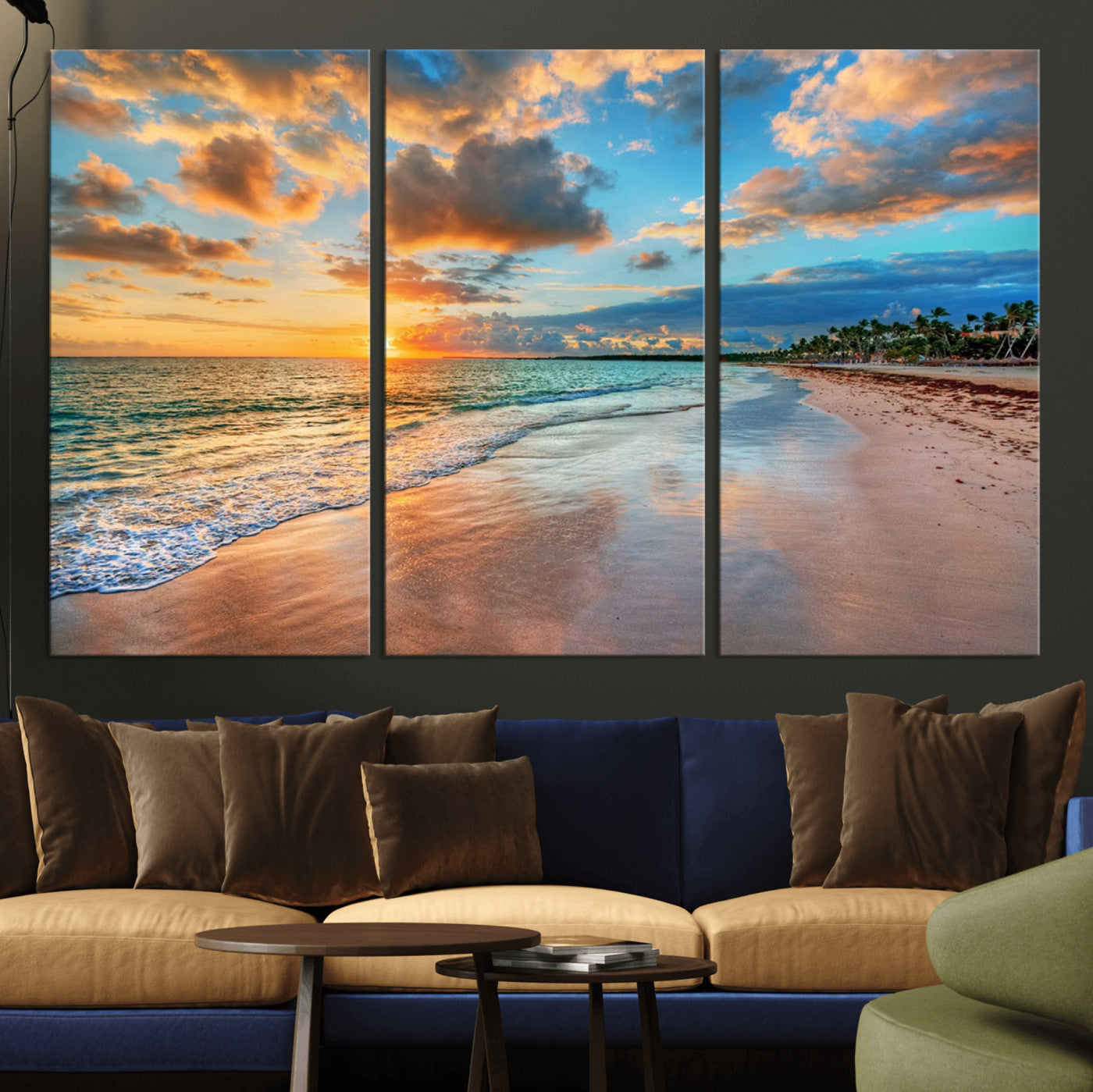 41572-MGV-CV-36X24-Sunset Ocean Waves on Tropical Beach, 3-Panel Giclee Canvas Art for Coastal Home Decor, Framed
