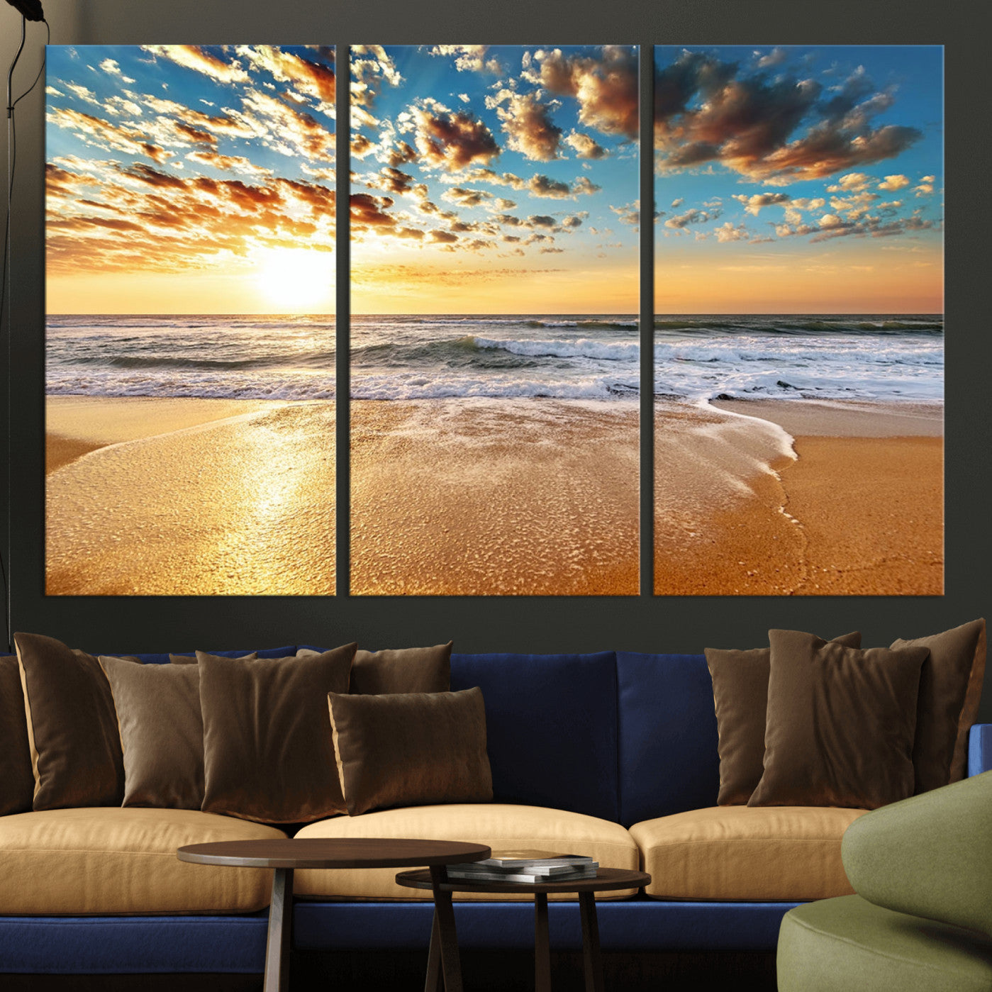 -Golden Sunset Beach Print Canvas Wall Art, Giclee Canvas Print with Canon Print Quality, Triptych