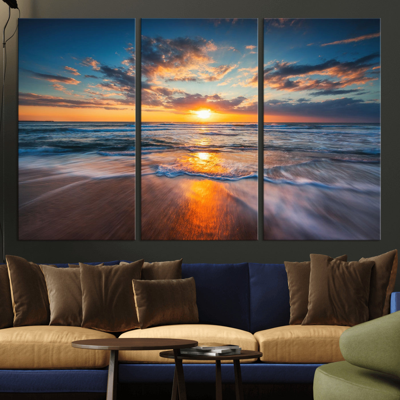 -Sunset on the Ocean Beach with Waves, Reflections on Sand, Coastal Wall Art Print, Beach Wall Art,