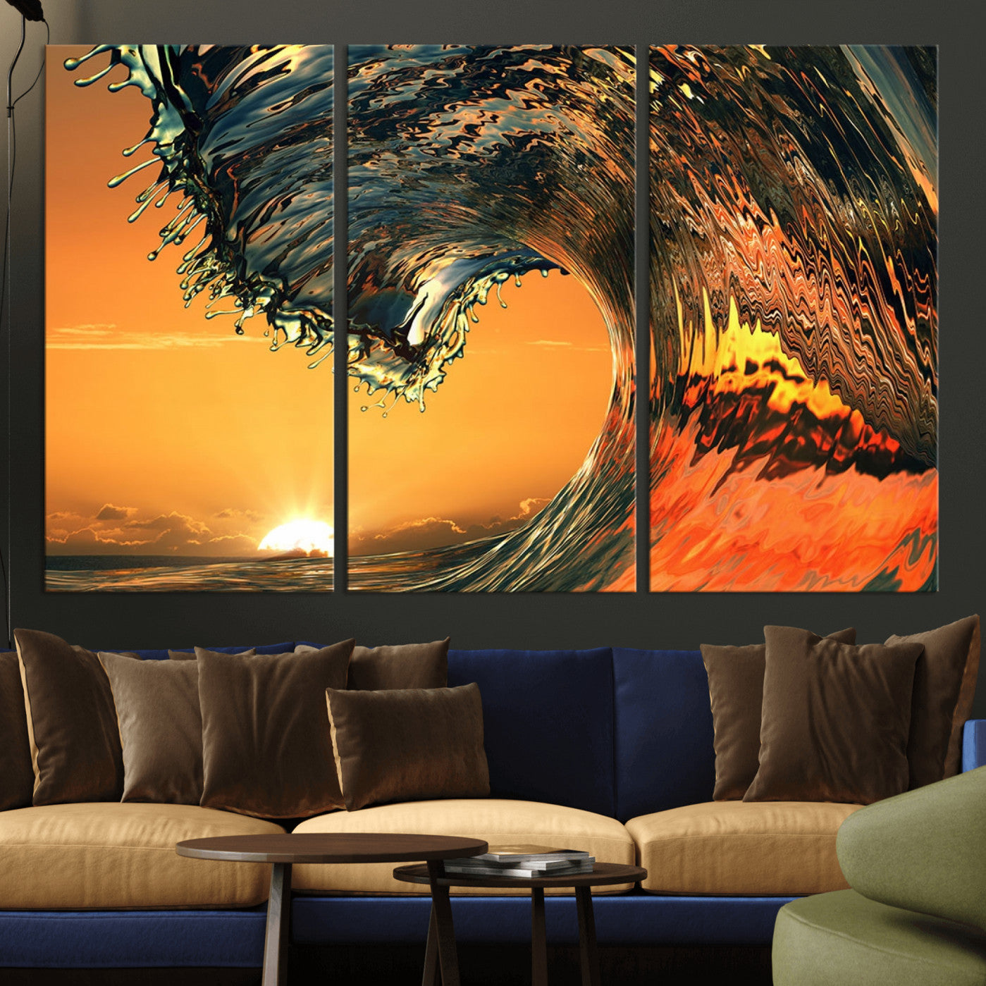 -Surf Wave Sunset Canvas Wall Art Print, 3-Panel Ocean Coastal Wall Art Print, Ocean Decor for