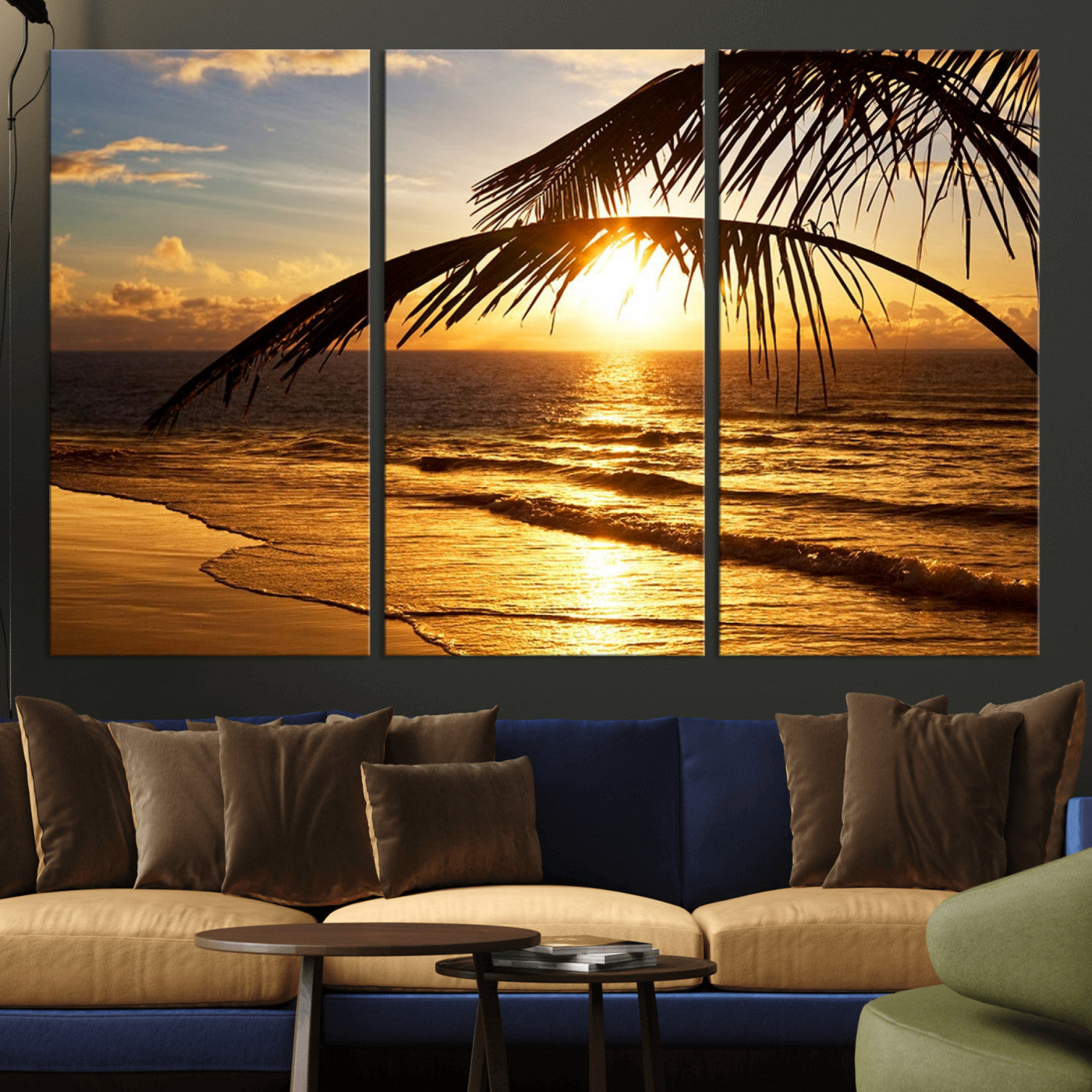 -Golden Tropical Beach Sunset Canvas Triptych, Coastal Palm Tree Wall Art, Ocean Shoreline Giclee