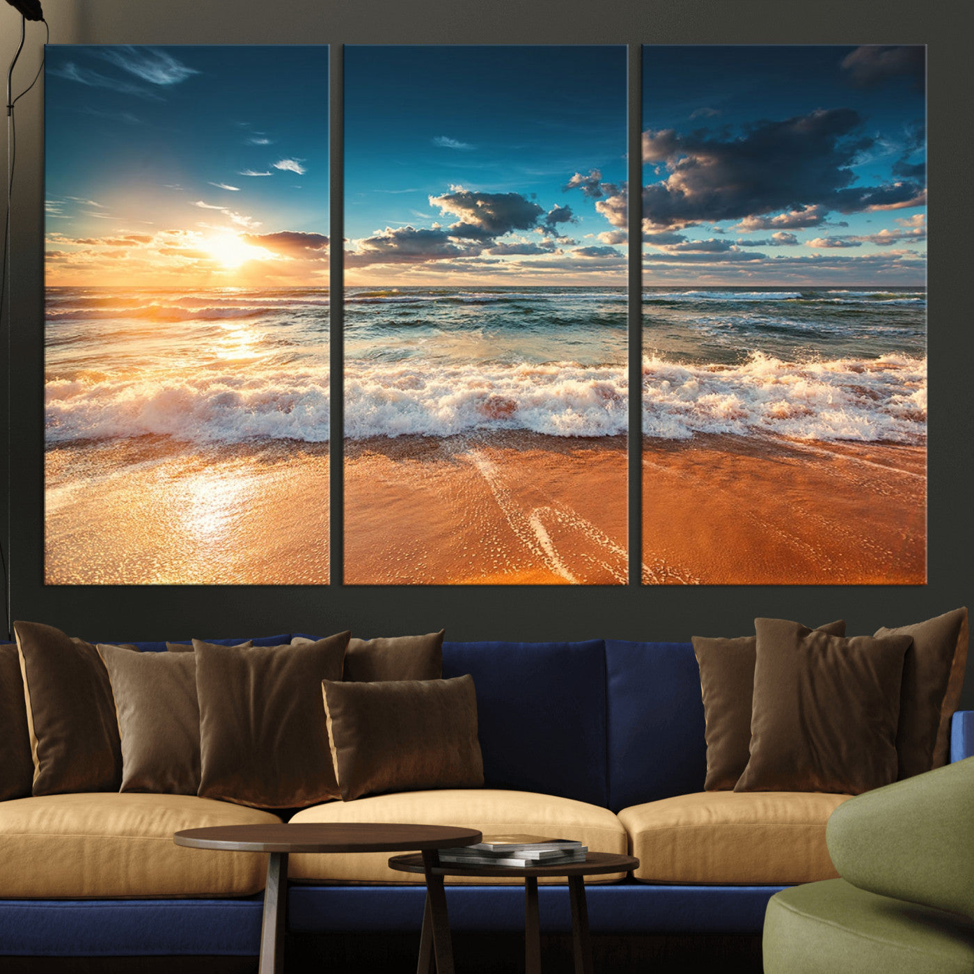 -Golden Sunset Beach Triptych Canvas Art, Giclee Coastal Wall Decor, Ocean Waves Print, Modern Beach