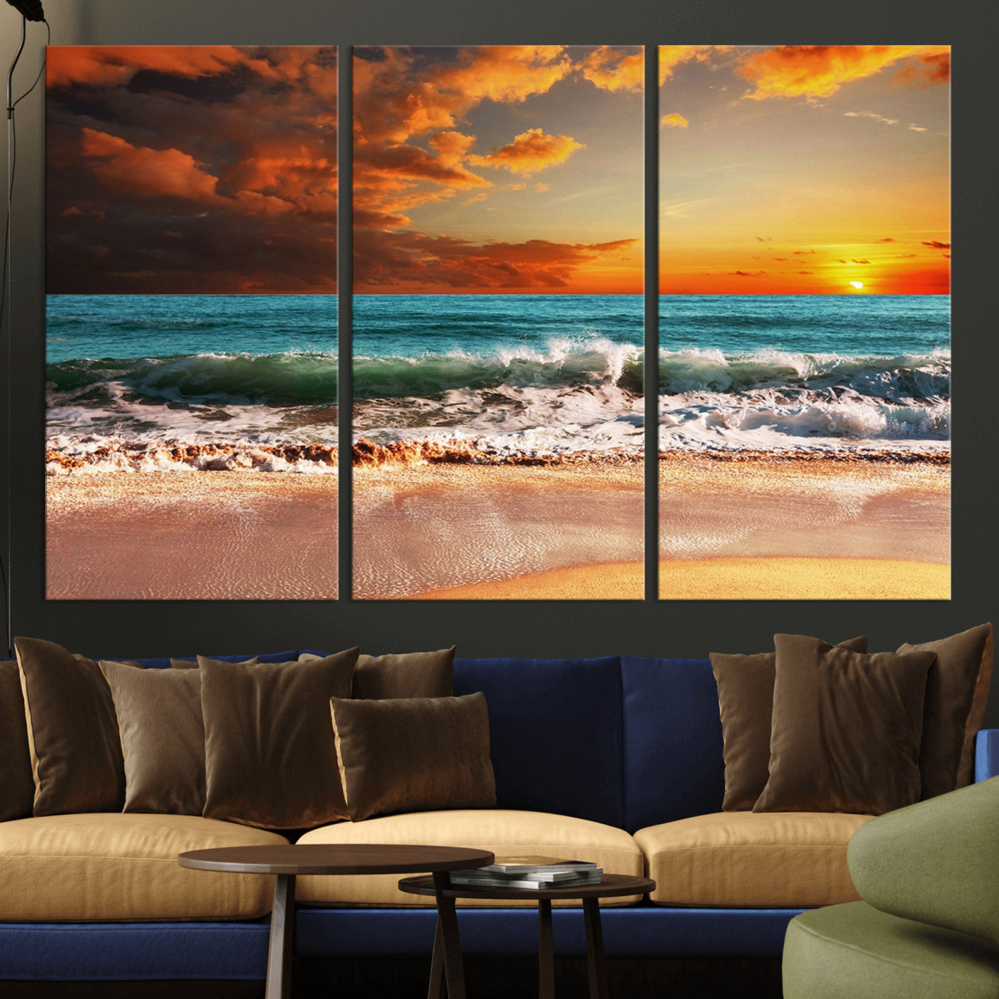 -Golden Sunset Beach Canvas Wall Art – Triptych Seascape Print – Framed and Ready to Hang for Living
