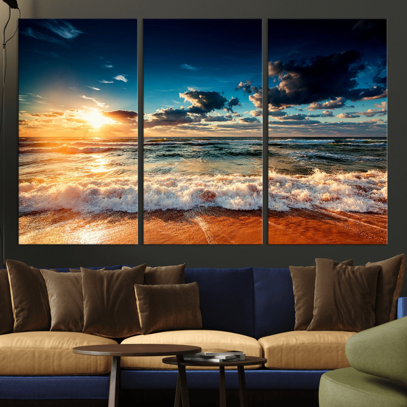 26996-MGV-CV-36X24-Golden Hour Sunset Over Ocean Waves Wall Art Canvas Print | 3 Panel Coastal Landscape Canvas Wall