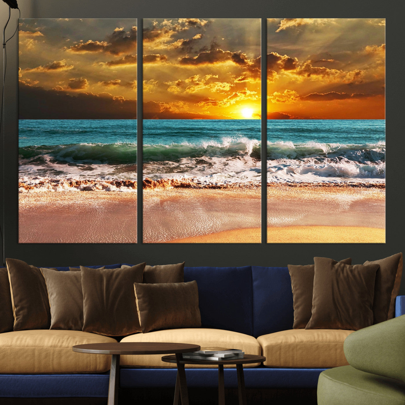 -Golden Sunset Beach Canvas Wall Art – Triptych Seascape Print – Framed and Ready to Hang for Living