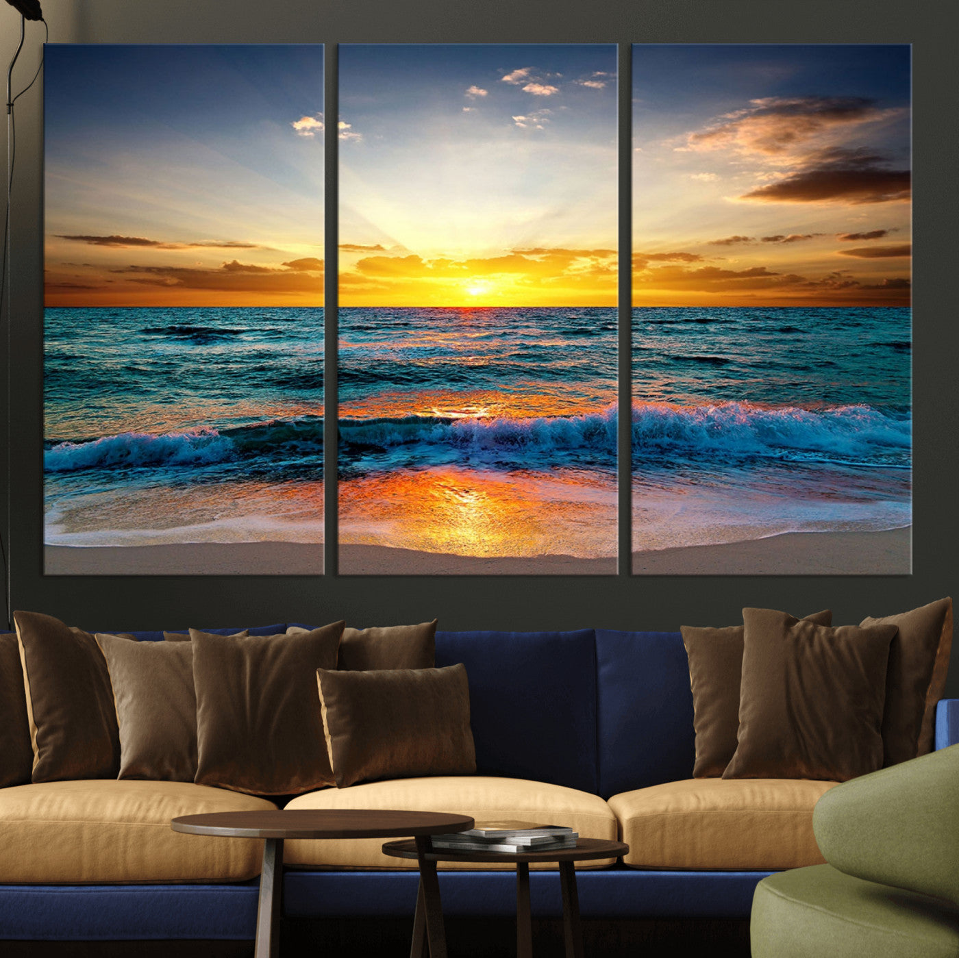 -Vibrant Ocean Sunrise Over Golden Beach Waves, Giclee Canvas Wall Art Set, High-Quality Stretched