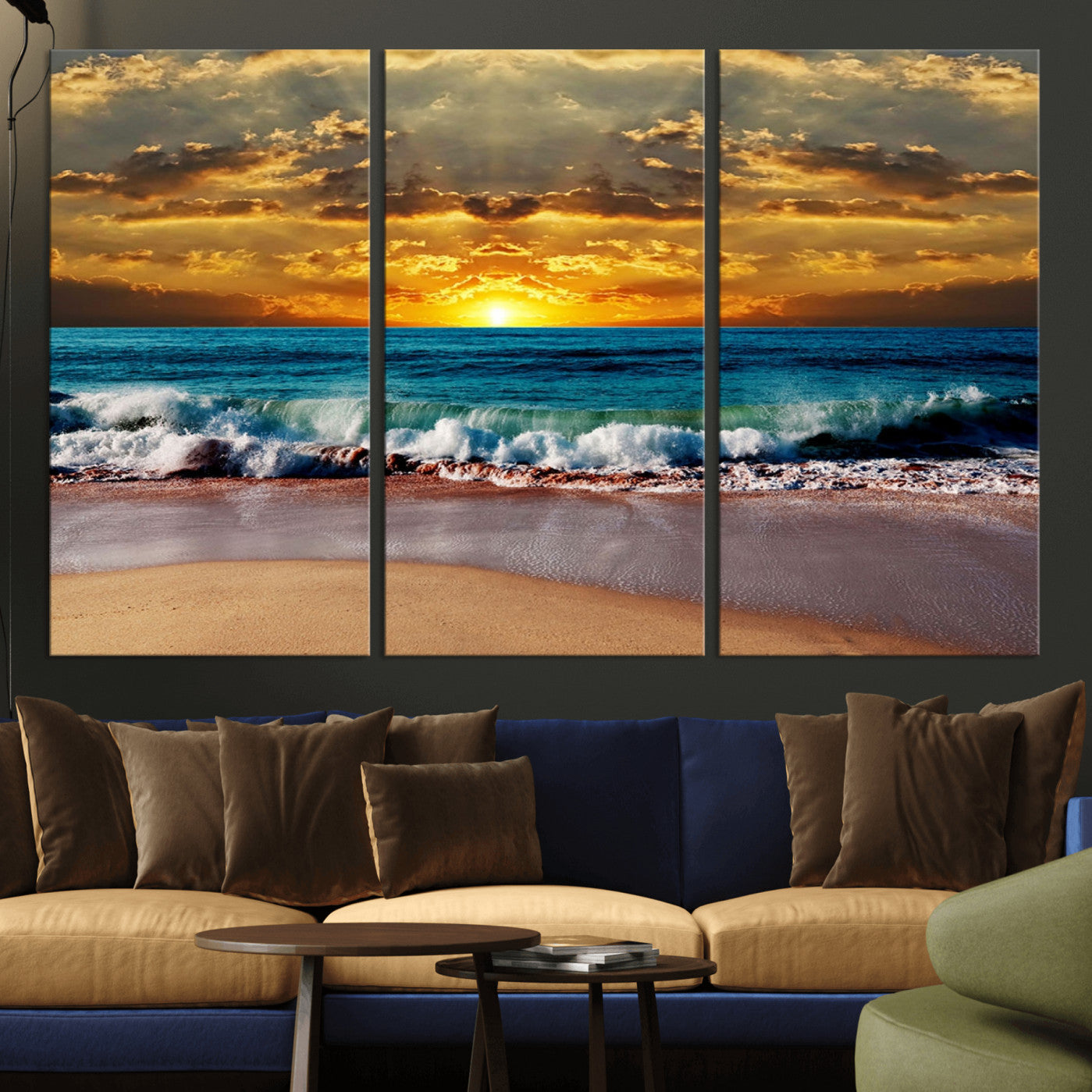 -Ocean Sunrise Over Golden Beach Waves, Giclee Canvas Wall Art Set, High-Quality Stretched Canvas
