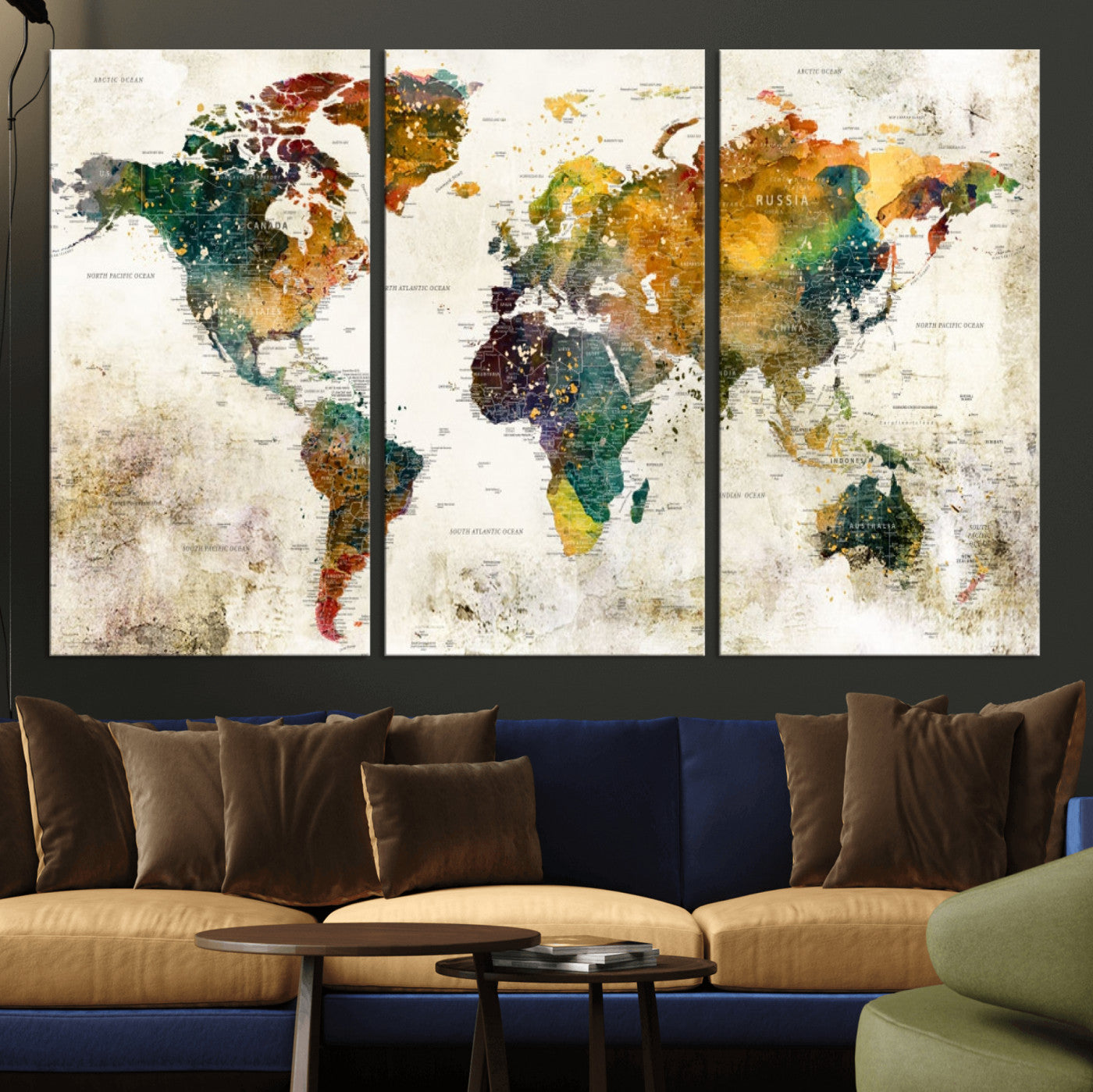 39605-MGV-CV-36X24-Vintage Watercolor World Map Canvas Wall Art – Framed Push Pin Travel Map for Home and Office Decor, Rustic Artistic World Map Artwork