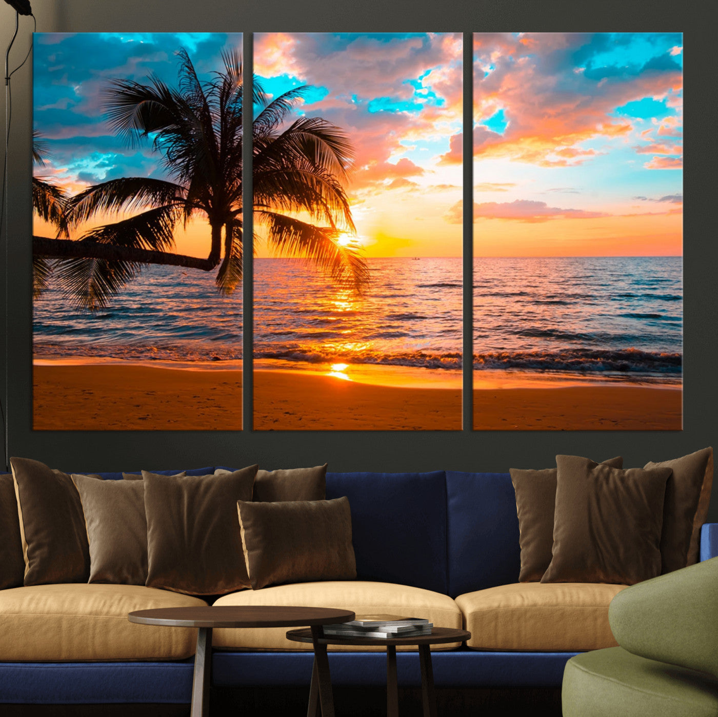 -Palm Tree Sunset On The Beach Wall Art Canvas, Framed Palm Tree Sunset Canvas Print