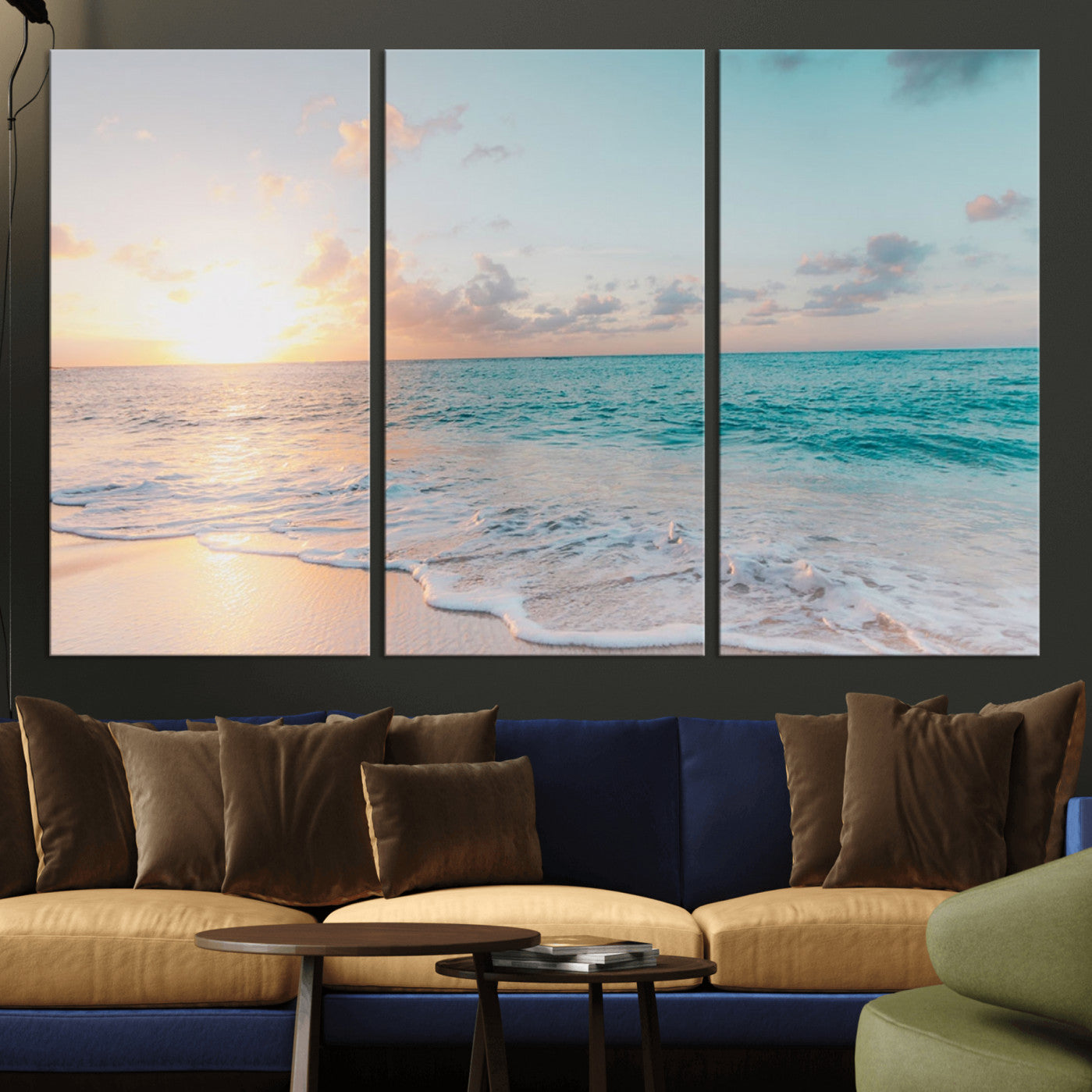 49620-MGV-CV-36X24-Tranquil Ocean Beach Sunset Canvas Wall Art | 3-Panel Coastal Decor