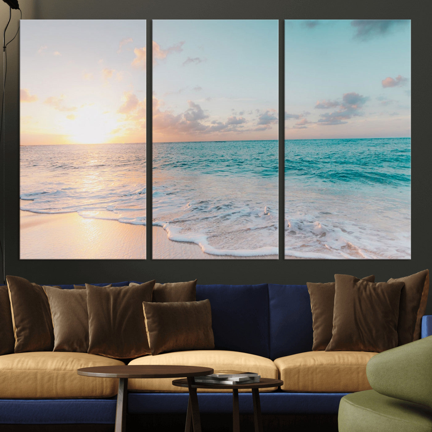 -Tranquil Ocean Beach Sunset Canvas Wall Art | 3-Panel Coastal Decor