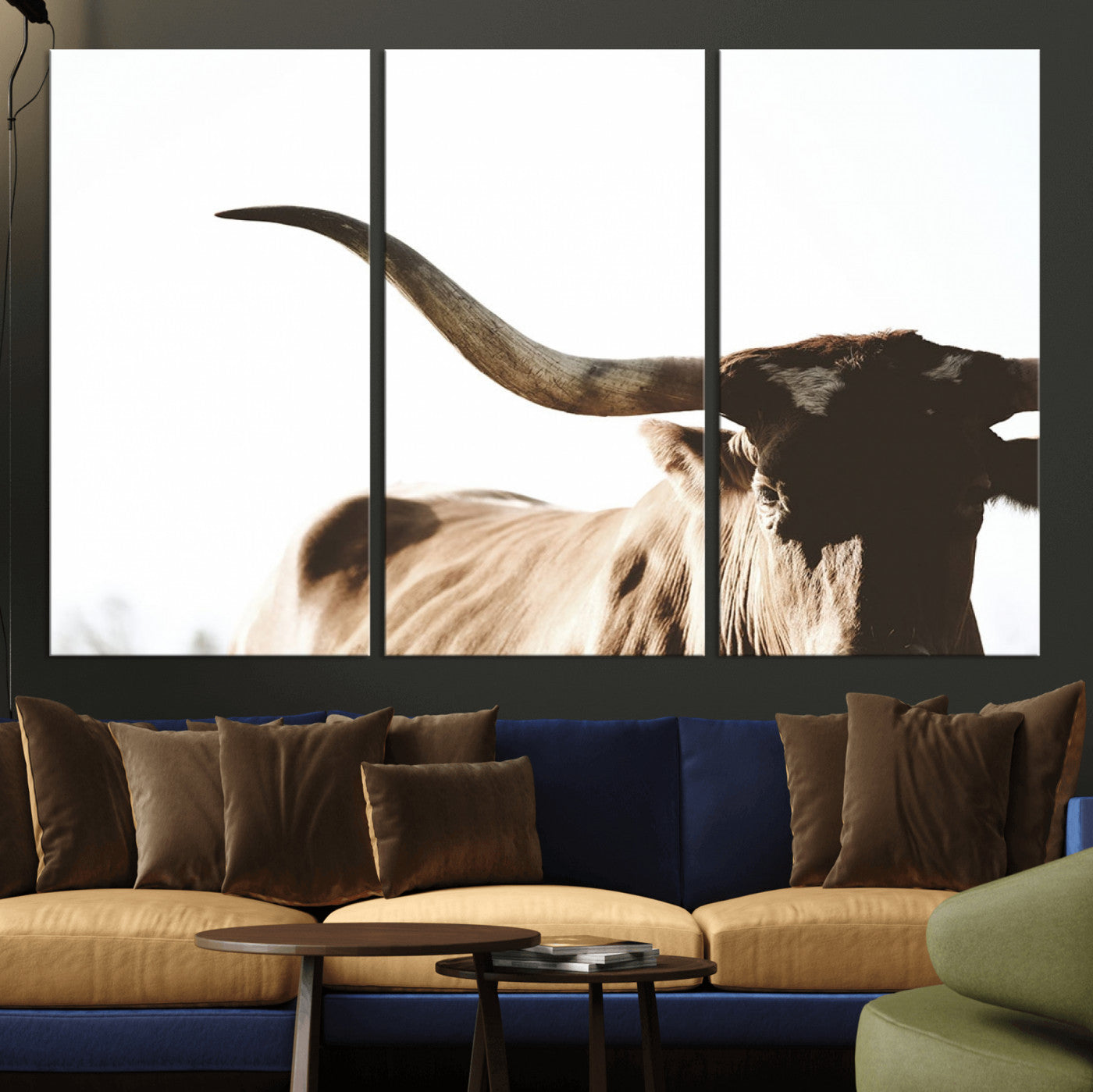 35866-MGV-CV-36X24-Texas Longhorn Wall Art Canvas Print | 3-Panel Large Longhorn Canvas Print for Living Room, Framed