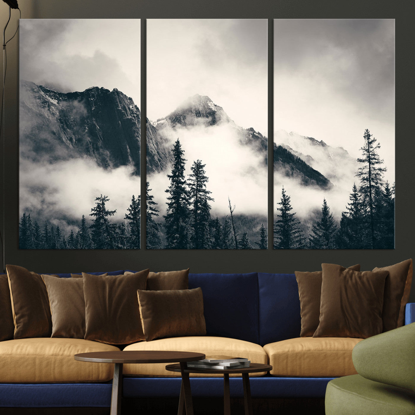 -Large Foggy Mountain Forest Wall Art Canvas Print | Misty Mountain Peaks and Pine Trees Print |
