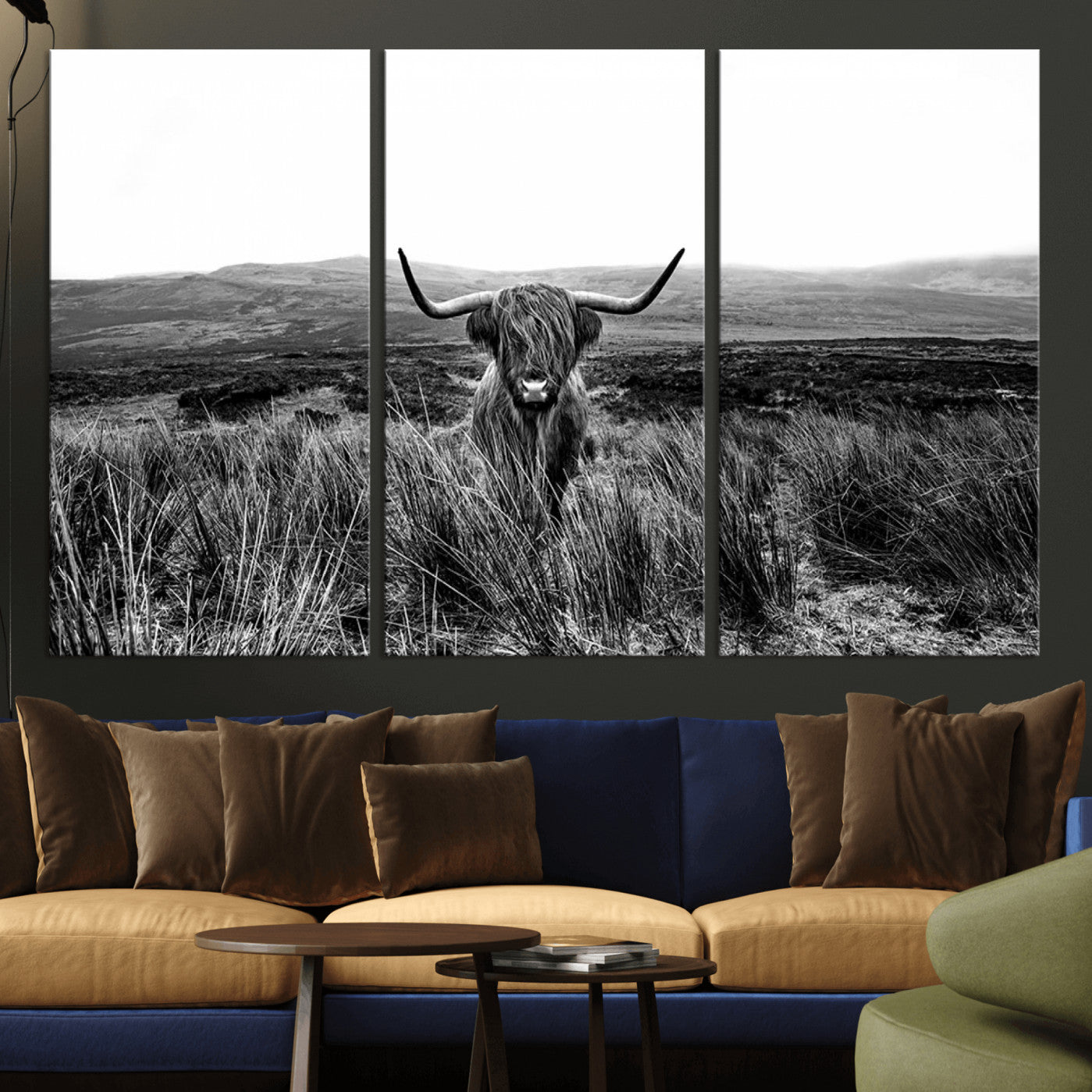 -Black and White Highland Cow Canvas Wall Art, Longhorn Triptych Western Wall Decor for Cabin -