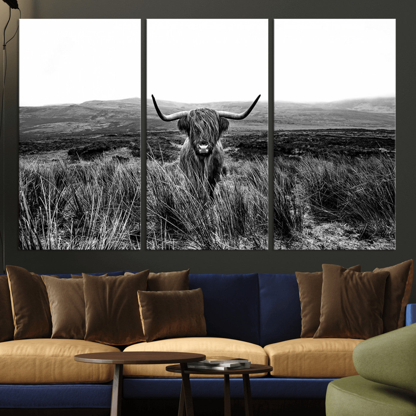 -MGV-CV-36X24-Black and White Highland Cow Canvas Wall Art, Longhorn Triptych Western Wall Decor for Cabin -
