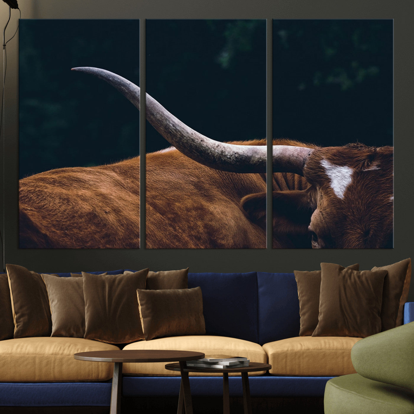 55197-MGV-CV-48X32-3P-Texas Longhorn Bull Wall Art Canvas Print - Large Framed Canvas Wall Art, Farmhouse Cabin Wall