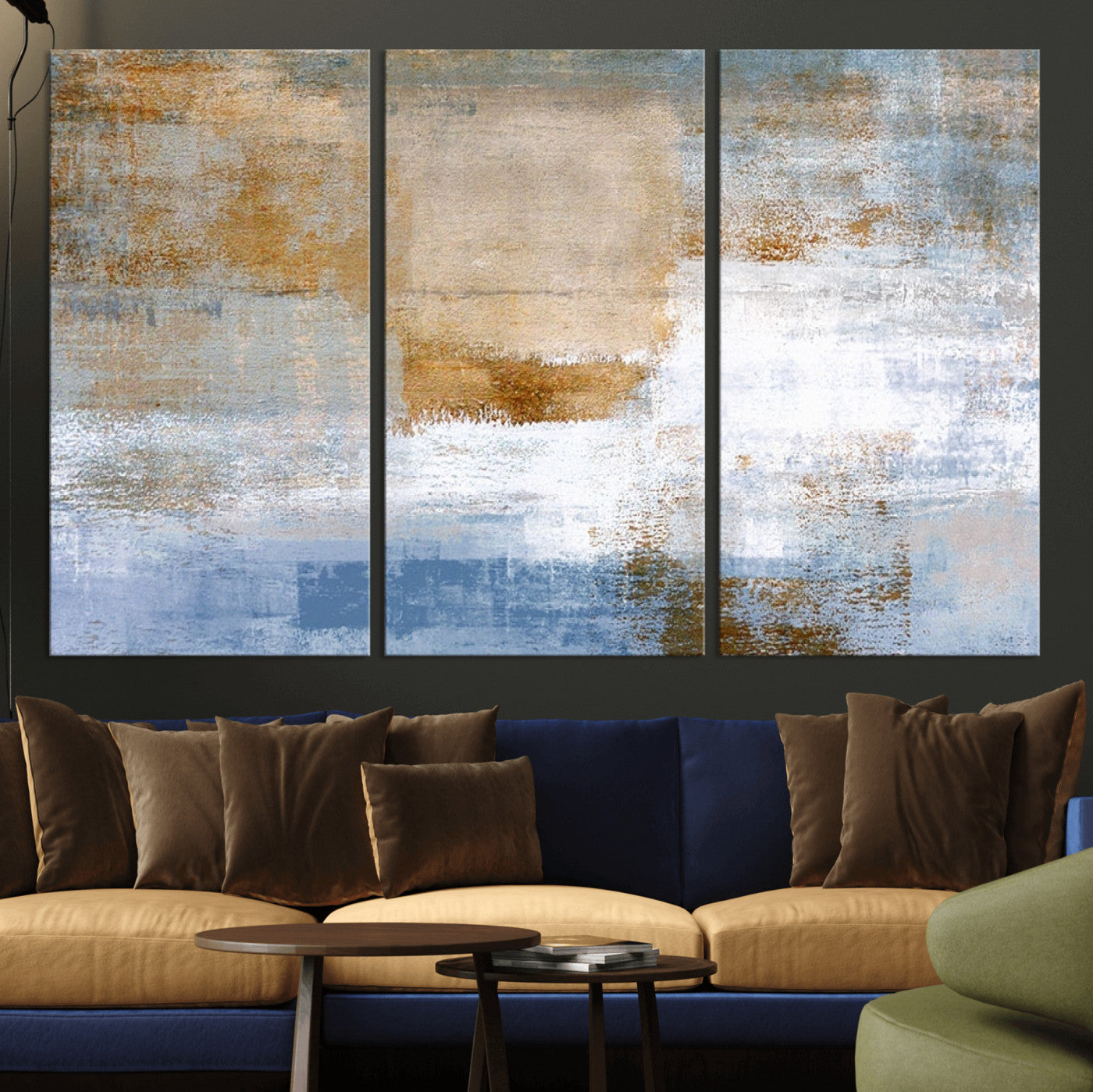 72354-MGV-CV-36X24-Blue Multi Panel Abstract Wall Art Canvas, Abstract Blue and Gold Canvas Print