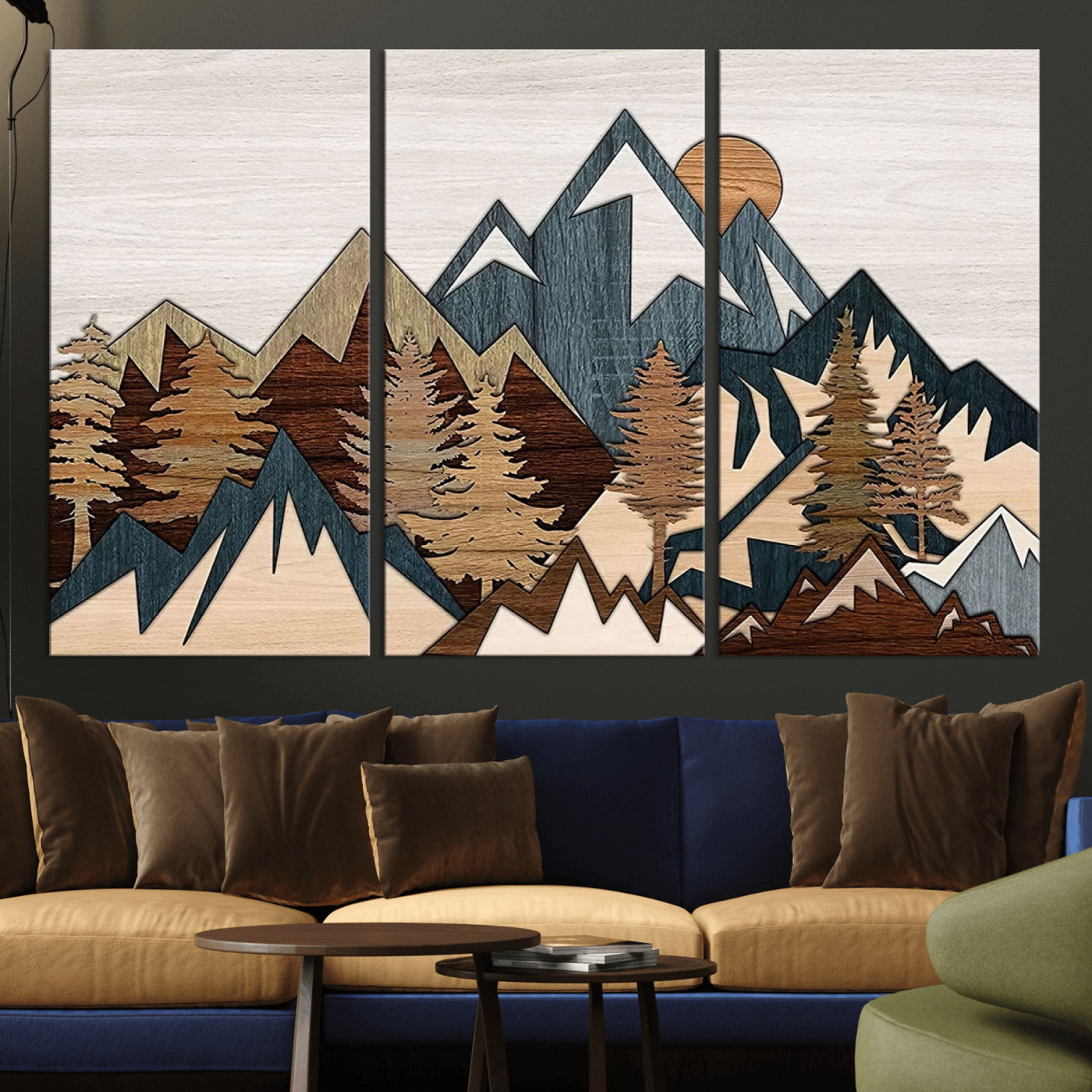 67950-MGV-CV-36X24-Rustic Abstract Wood Panel Effect Canvas Mountain Range Top Wood Wall Art Canvas Print