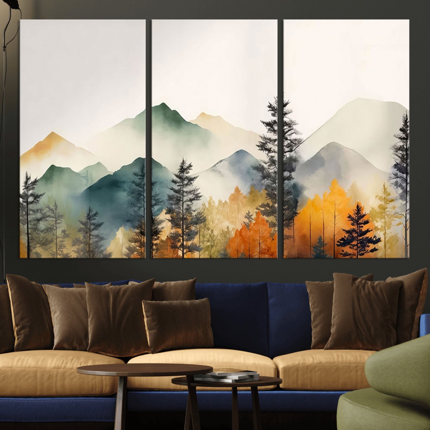 25689-MGV-CV-36X24-Abstract Watercolor Mountains and Trees Autumn Wall Art, Mountains and Trees Autumn Wall Art Canvas