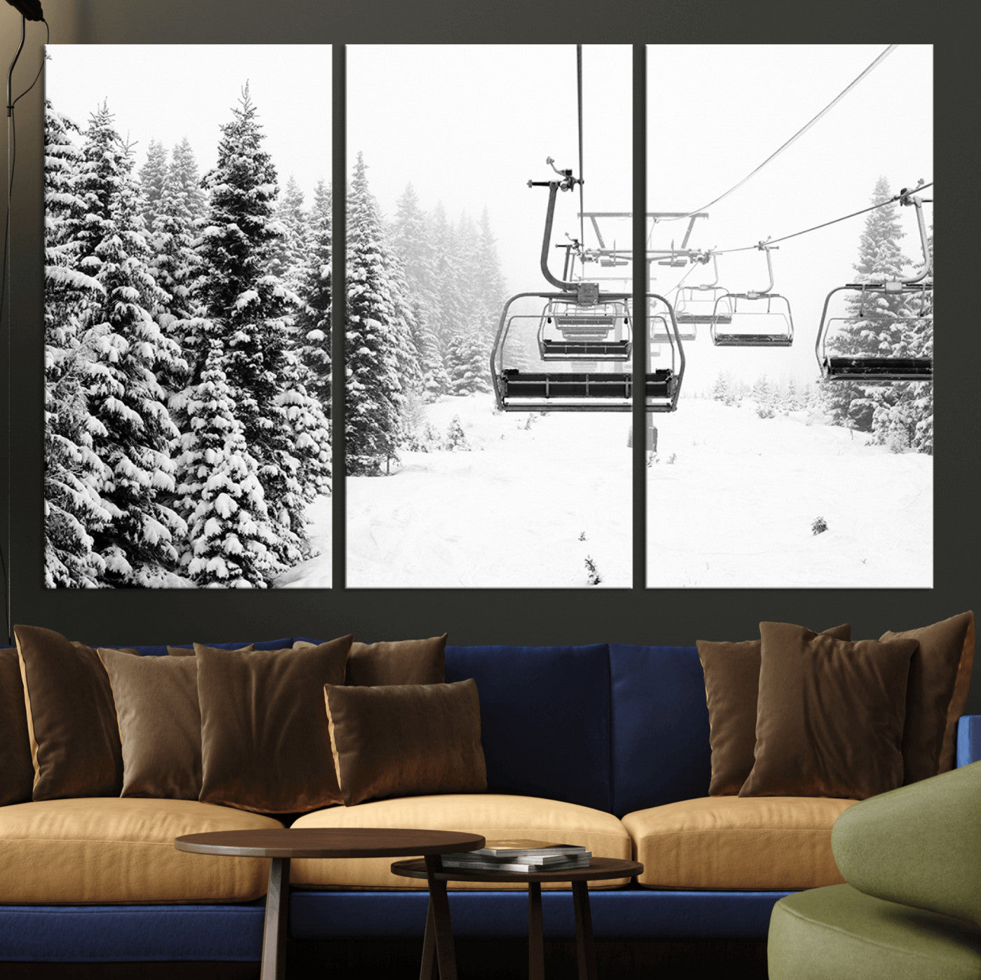 70609-MGV-CV-36X24-Winter Forest Wall Art Canvas Print – Framed Snowy Mountain Scene with Ski Lift Landscape Artwork for Home, Office Decor
