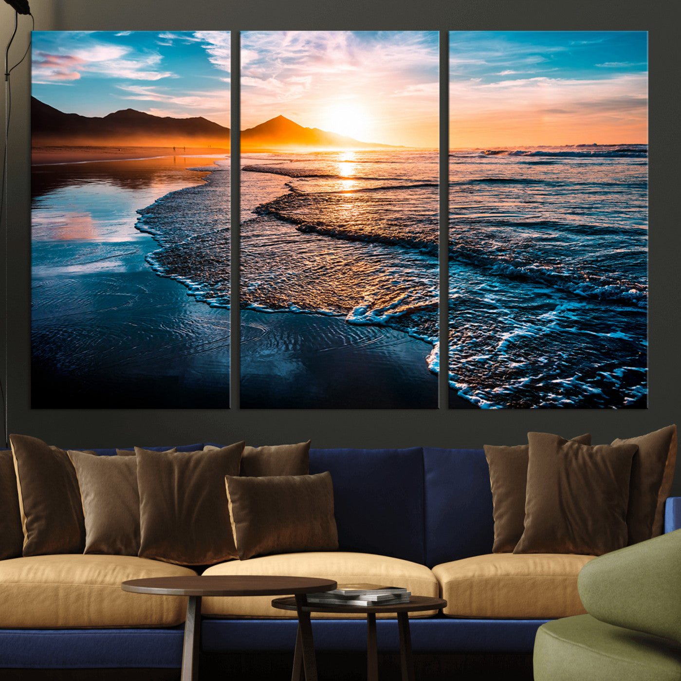 26494-MGV-CV-48X32-3P-Beach Ocean Sunset on the Sea Wall Art Canvas, Beach Ocean Sunset Canvas Print