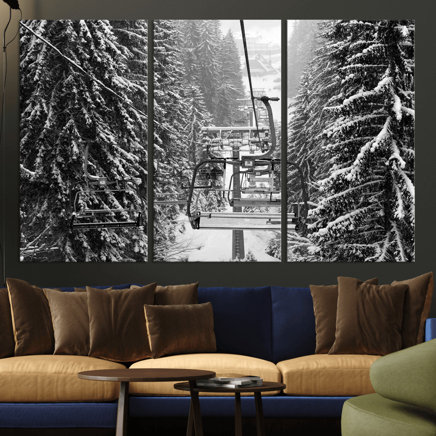 19240-MGV-CV-36X24-Winter Ski Lift Black and White Canvas Wall Art – Alpine Escape in Minimalist Style – Winter Ski