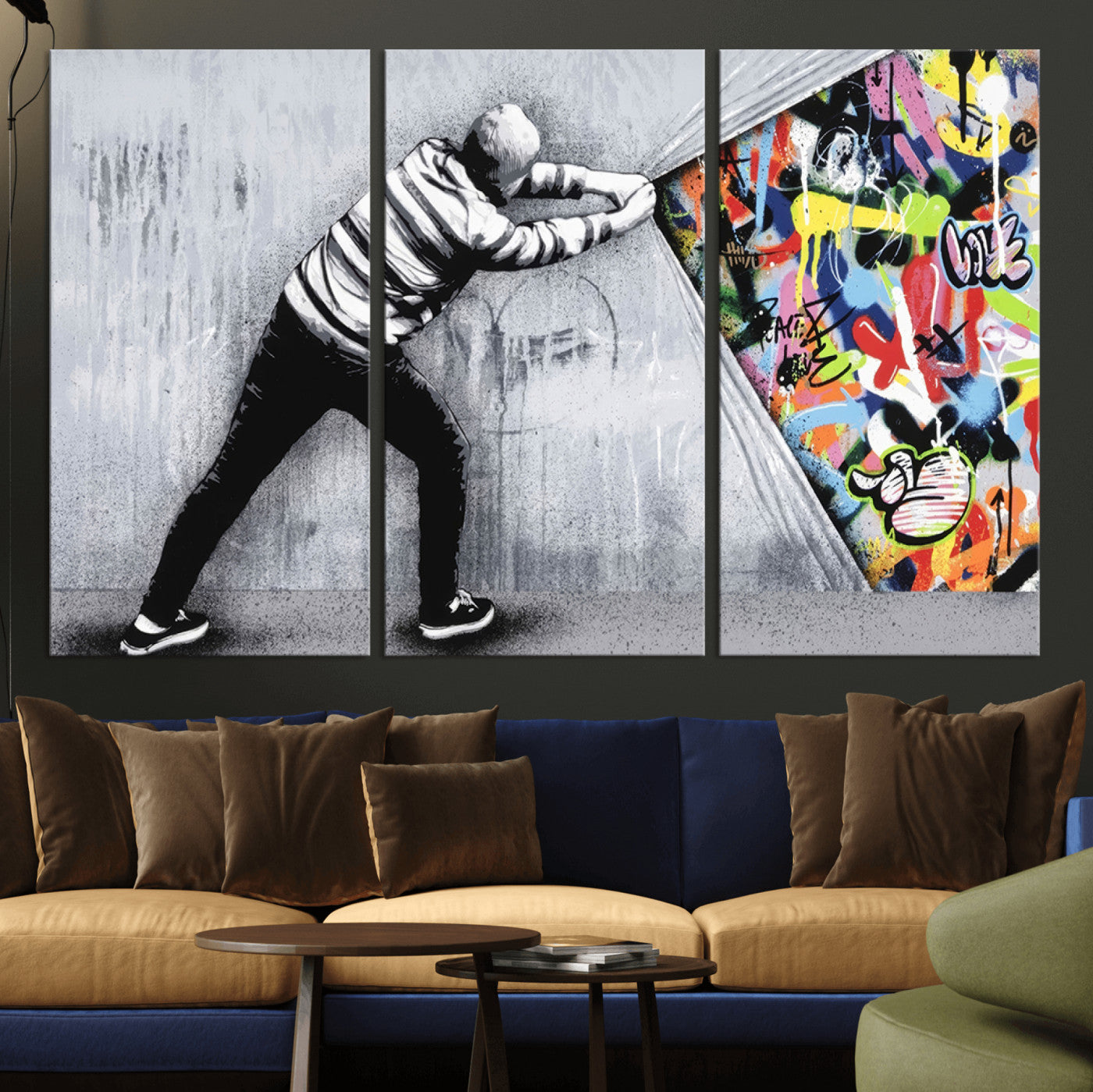 52252-MGV-CV-36X24-Banksy Art Behind the Curtain Street Wall Art Canvas Print | 3-Panel Urban Graffiti-Inspired Wall