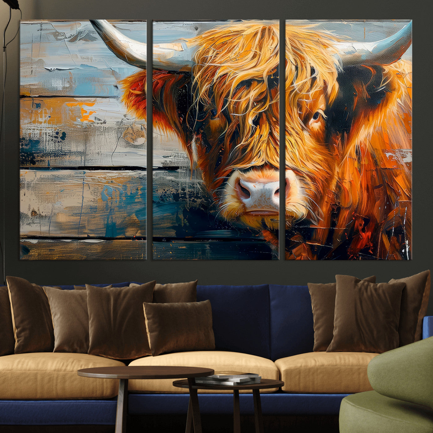 -Highland Cow Abstract Canvas Wall Art – Bold Farmhouse Rustic Decor – Ready to Hang