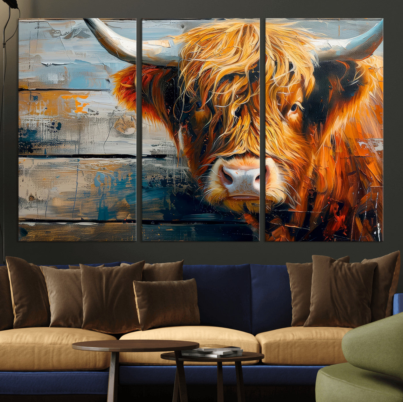 -Highland Cow Abstract Canvas Wall Art – Bold Farmhouse Rustic Decor – Ready to Hang