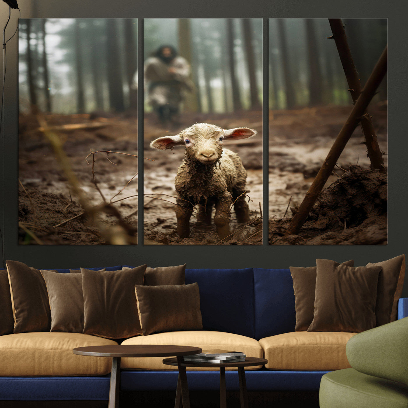 49996-MGV-CV-36X24-Jesus Lost Lamb Canvas Wall Art – Heartwarming Woodland Scene – Ready to Hang - Christian Religion