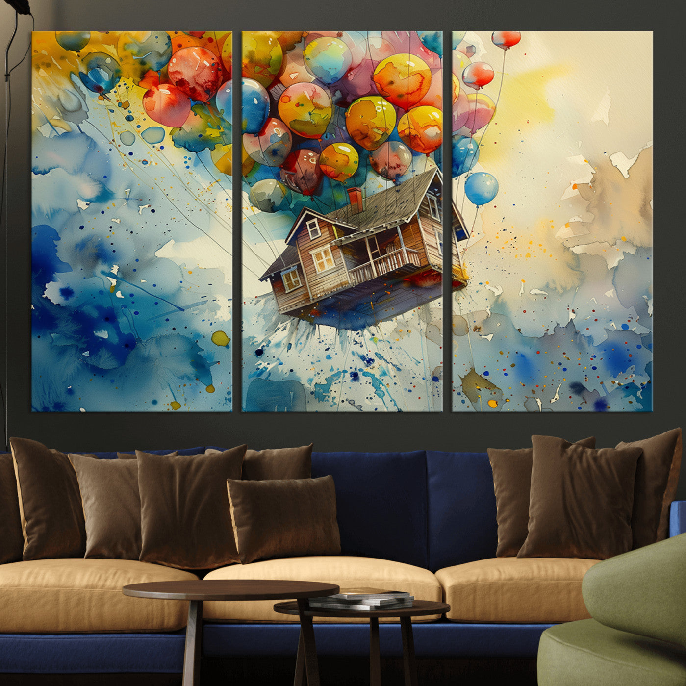 -UP-Inspired Floating House with Balloons Canvas Art – Colorful 3-Panel Wall Decor for Living Room,