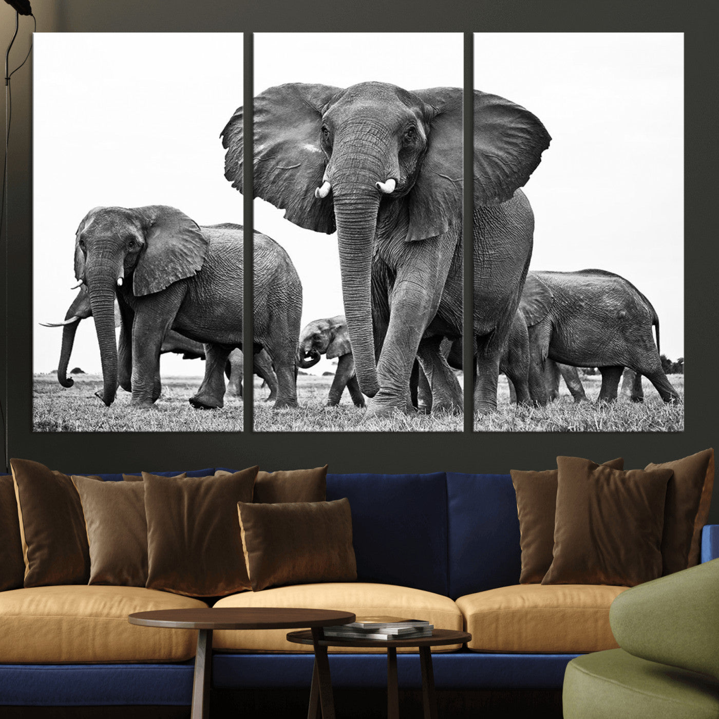 91685-MGV-CV-36X24-Black White Elephant Family Wall Art Canvas Print
