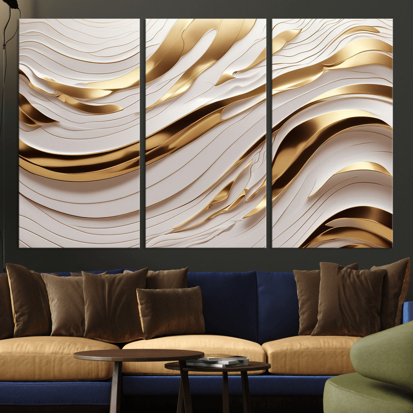 81197-MGV-CV-36X24-Gold and White Abstract Wave Canvas – Elegant Flowing Design with Luxurious Golden Accents –