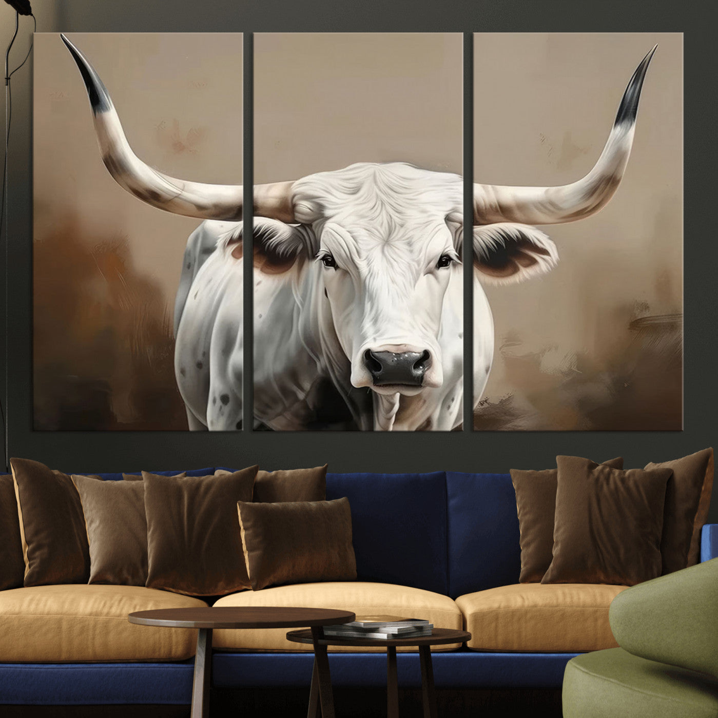 -White Longhorn Bull Wall Art Canvas Print – Framed and Ready to Hang – Perfect for Farmhouse and